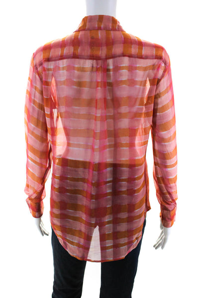 Equipment Femme Womens Check Button Up Shirt Blouse Pink Orange Size XS