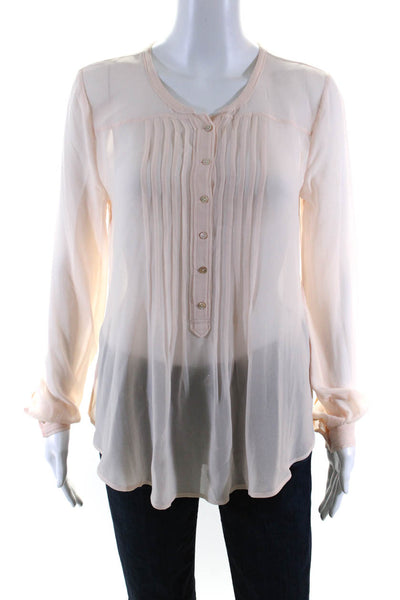 Calypso Womens Long Sleeve Sheer Pintuck Button Up Top Blouse Light Pink Size XS