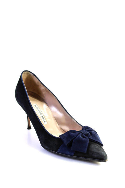 Manolo Blahnik Women's Pointed Toe Bow Suede Pumps Navy Blue Size 9.5