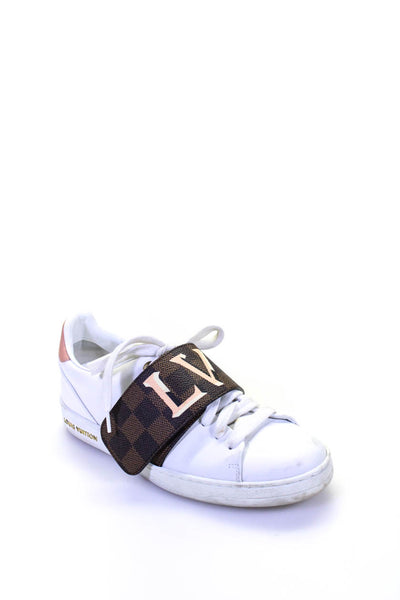 Louis Vuitton Womens Leather Damier Ebene Front Row Strap Sneakers White Size 36
