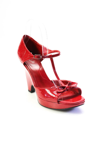 Tods Womens Block Heel Platform Ankle Strap Pumps Red Patent Leather Size 40