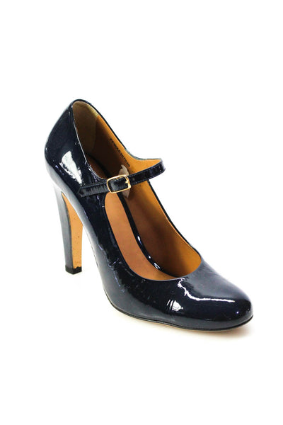 Faconnable Womens Block Heel Patent Leather Mary Jane Pumps Navy Blue Size 40