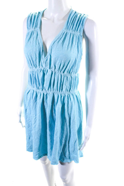 ATM Womens Cotton V-Neck Sleeveless Ruched Empire Waist Dress Light Blue Size S