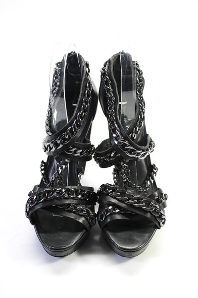 Pour la Victoire Womens Leather Strappy Chain Link Platform Heels Black Size 7US