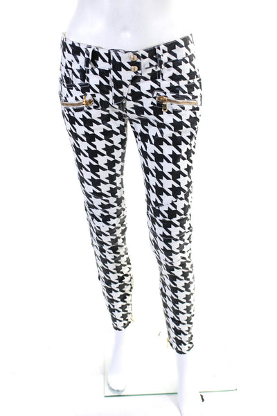 Balmain Womens Houndstooth Coated Printed Mid Rise Skinny Jeans Black White FR38