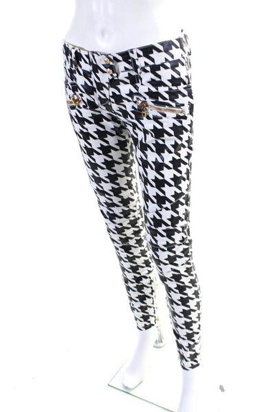 Balmain Womens Houndstooth Coated Printed Mid Rise Skinny Jeans Black White FR38