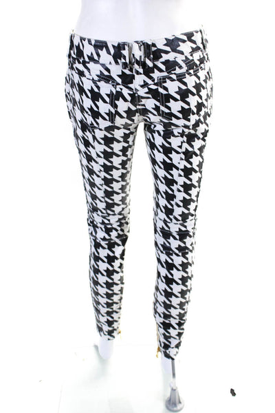 Balmain Womens Houndstooth Coated Printed Mid Rise Skinny Jeans Black White FR38