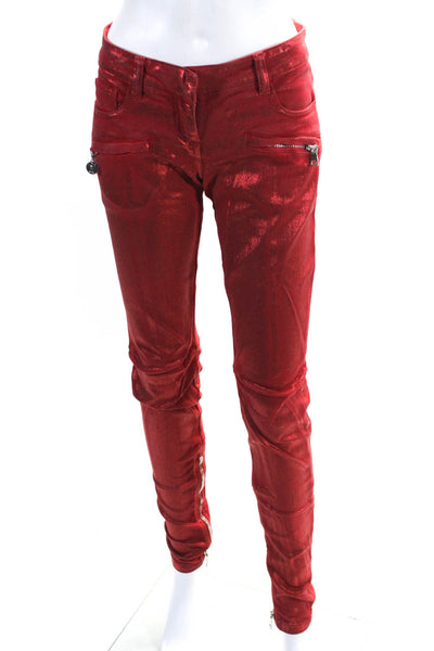 Balmain Womens Mid Rise Metallic Coated Zip Pocket Skinny Jeans Red Size FR 38