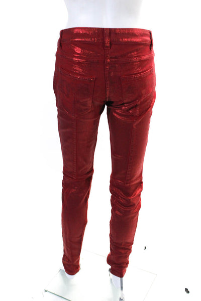 Balmain Womens Mid Rise Metallic Coated Zip Pocket Skinny Jeans Red Size FR 38