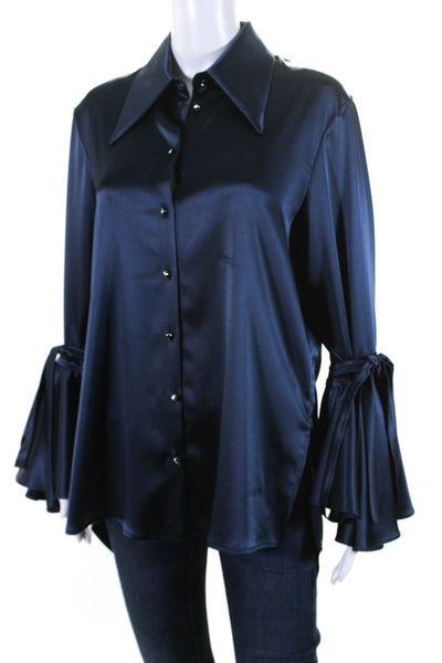 Off White Womens Satin Tie Bell Sleeve Button Up Top Blouse Navy Blue Size IT 40