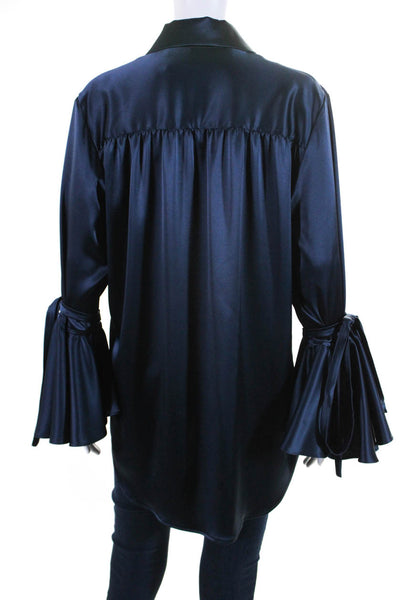 Off White Womens Satin Tie Bell Sleeve Button Up Top Blouse Navy Blue Size IT 40