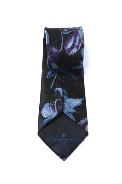 Lanvin Mens Silk Floral Print Classic Length Necktie Black Multi Colored