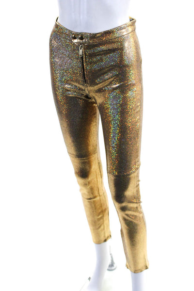 Isabel Marant Womens Iridescent Metallic Leather Skinny Mid Rise Pants Gold FR38