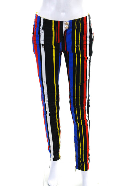 Balmain Womens Mid Rise Striped Moto Skinny Jeans Black Red Yellow Blue FR 38