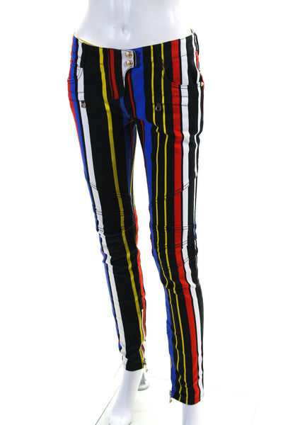 Balmain Womens Mid Rise Striped Moto Skinny Jeans Black Red Yellow Blue FR 38