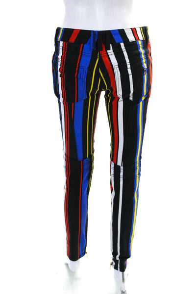 Balmain Womens Mid Rise Striped Moto Skinny Jeans Black Red Yellow Blue FR 38