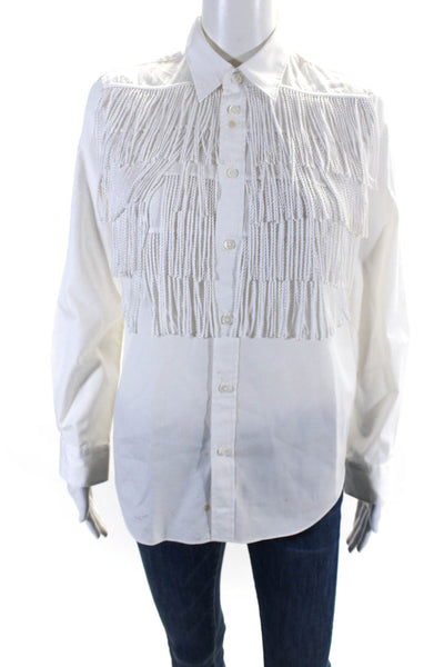 Junya Watanabe Womens Long Sleeve Fringe Button Up Shirt Blouse White Medium