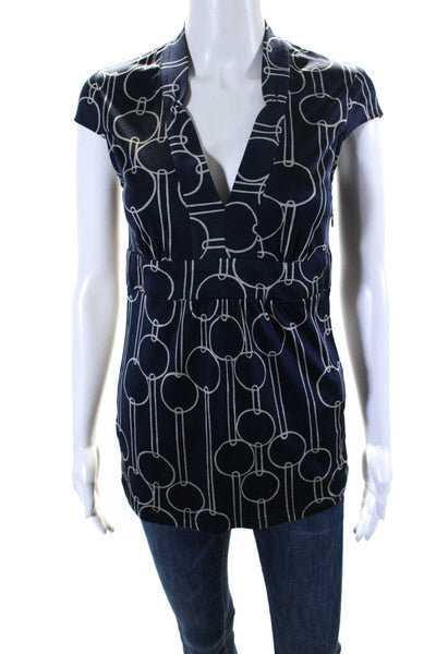 Trina Turk Womens Silk Geometric Print V Neck Short Sleeve Blouse Blue Size 0