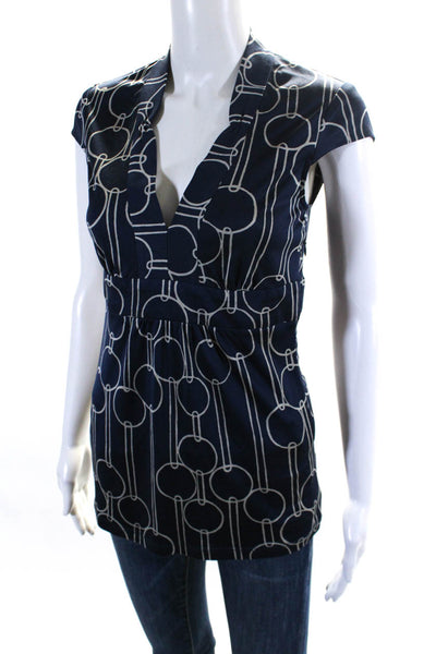 Trina Turk Womens Silk Geometric Print V Neck Short Sleeve Blouse Blue Size 0