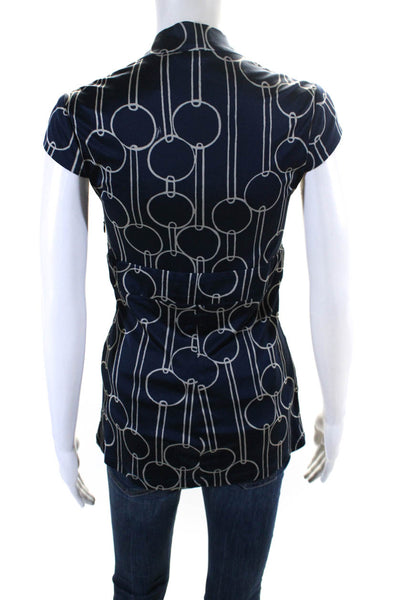 Trina Turk Womens Silk Geometric Print V Neck Short Sleeve Blouse Blue Size 0