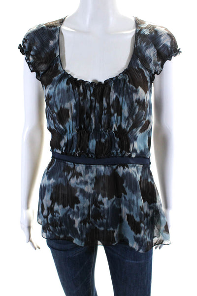 BCBGMAXAZRIA Womens Silk Abstract Print Scoop Neck Ruffle Blouse Blue Size S