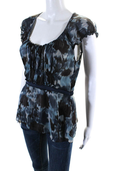 BCBGMAXAZRIA Womens Silk Abstract Print Scoop Neck Ruffle Blouse Blue Size S