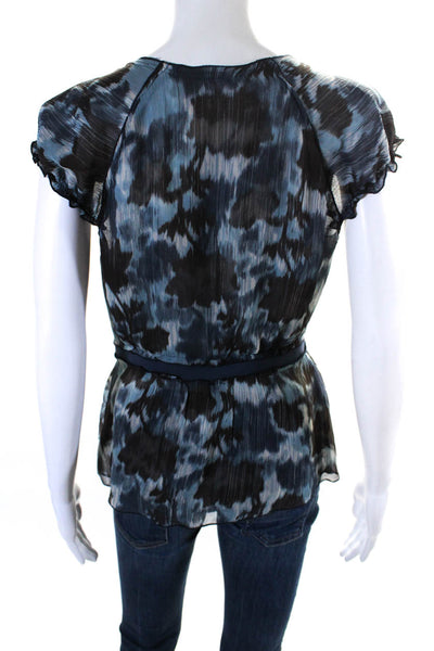 BCBGMAXAZRIA Womens Silk Abstract Print Scoop Neck Ruffle Blouse Blue Size S