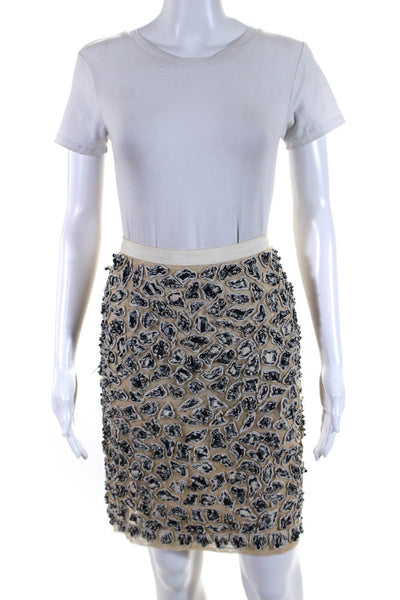 Oscar de la Renta Womens Cotton Blend Textured Zip Up Pencil Skirt Beige Size 4