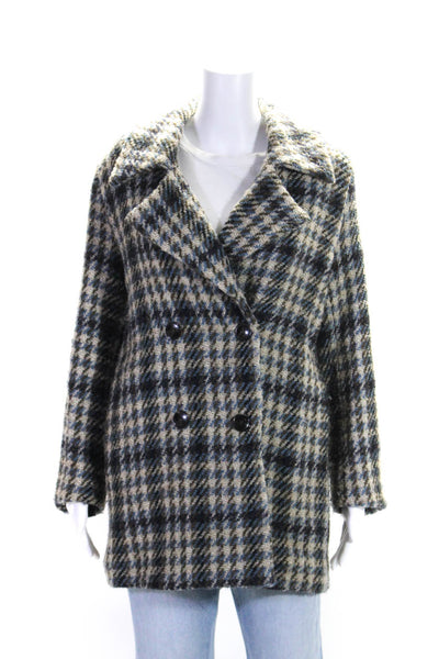 TCN Womens Long Woven Check Pea Coat Jacket Brown Beige Blue Size Small