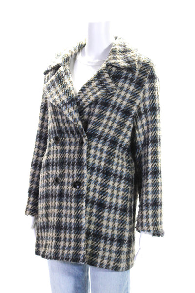 TCN Womens Long Woven Check Pea Coat Jacket Brown Beige Blue Size Small