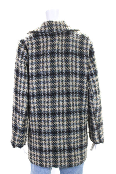 TCN Womens Long Woven Check Pea Coat Jacket Brown Beige Blue Size Small