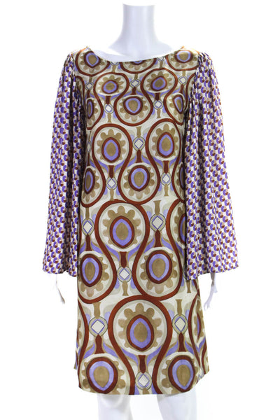 Maliparmi Womens Abstract Satin Wide Sleeve Shift Dress Brown Purple Size IT 44