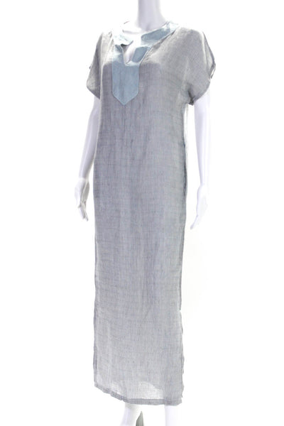 Lillo Creazioni Womens Short Sleeve Y Neck Midi Dress Blue Gray Linen Size Small