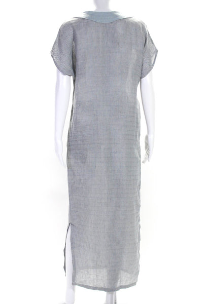 Lillo Creazioni Womens Short Sleeve Y Neck Midi Dress Blue Gray Linen Size Small