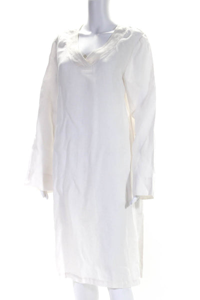 Arte Pura Womens Long Sleeve V Neck Midi Shift Kaftan Dress White Linen Medium