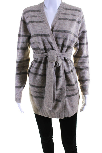 Heartloom Womens Stripe Belted Cardigan Sweater Beige Grey Size Small