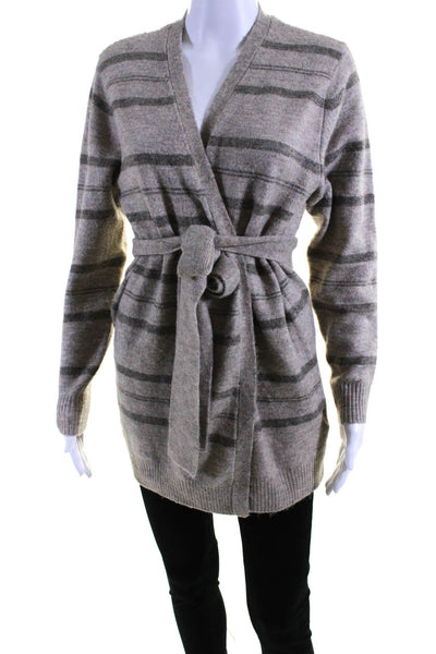 Heartloom Womens Stripe Belted Cardigan Sweater Beige Grey Size Small