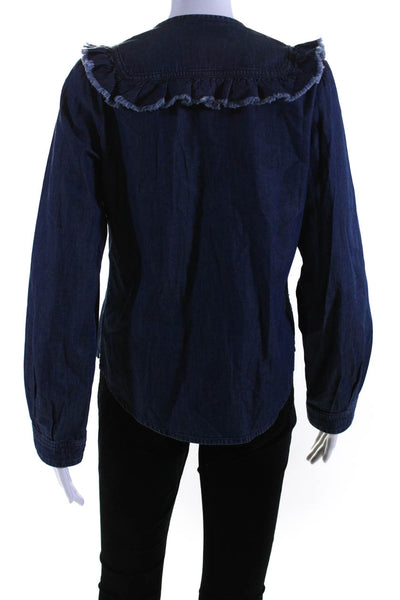 Dorothee Schumacher Womens Cotton Fringed Ruffled Snap Button Blouse Blue Size 1