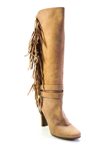 BOSS Orange Womens Leather Fringe Knee High Boots Camel Beige Size 37 7