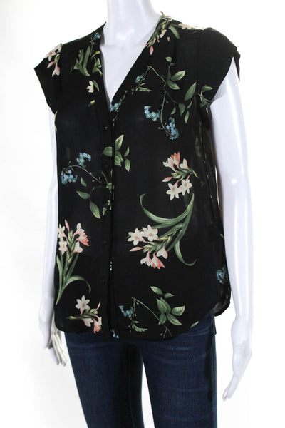 Joie Womens Silk Floral Print V-Neck Buttoned Short Sleeve Blouse Black Size XS