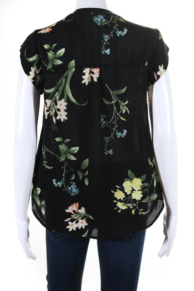 Joie Womens Silk Floral Print V-Neck Buttoned Short Sleeve Blouse Black Size XS