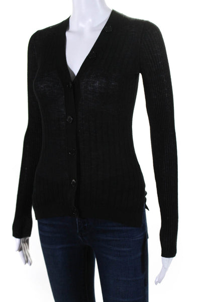 Joie Womens Ribbed Textured V-Neck Button Long Sleeve Blouse Top Black Size 2XS