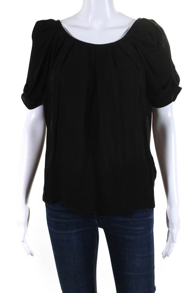 Joie Womens Silk Pleated Round Neck Short Sleeve Tied Blouse Black Size 2XS