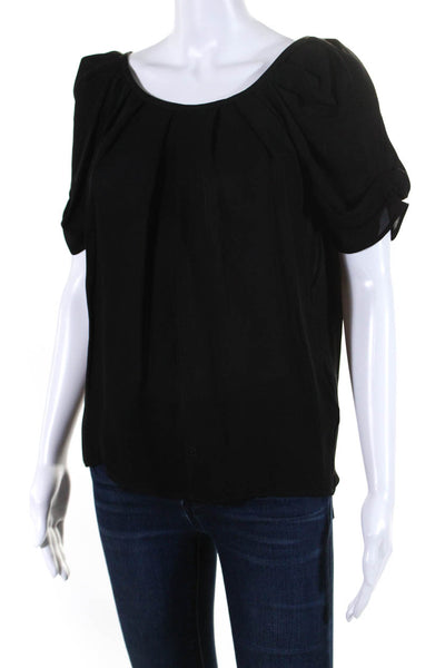 Joie Womens Silk Pleated Round Neck Short Sleeve Tied Blouse Black Size 2XS