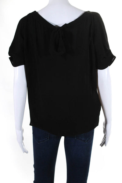 Joie Womens Silk Pleated Round Neck Short Sleeve Tied Blouse Black Size 2XS