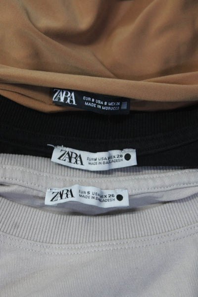 Zara Womens Cotton Short Sleeve Cropped Shirts Blouse Black Tan Size M S Lot 3
