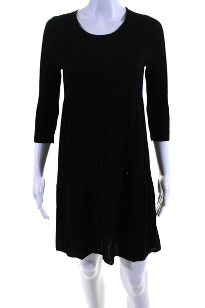 Eileen Fisher Womens 3/4 Sleeve Ribbed Knit Sweater Dress Black Wool Size PP