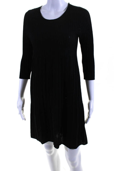 Eileen Fisher Womens 3/4 Sleeve Ribbed Knit Sweater Dress Black Wool Size PP