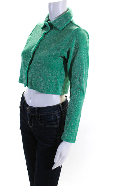 Frankies Bikinis Womens Cotton Blend Cropped Button Up Blouse Top Green Size M
