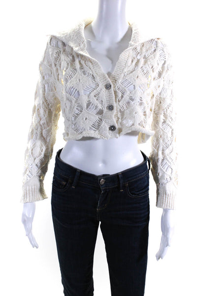 Free People Womens Cotton Open Knit Collared Button Up Crop Top Beige Size S